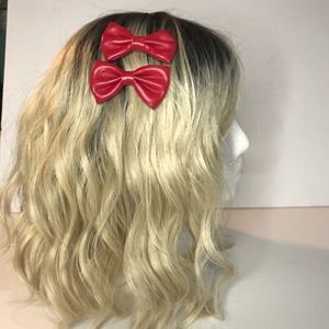 Red mini faux leather bow hair clips